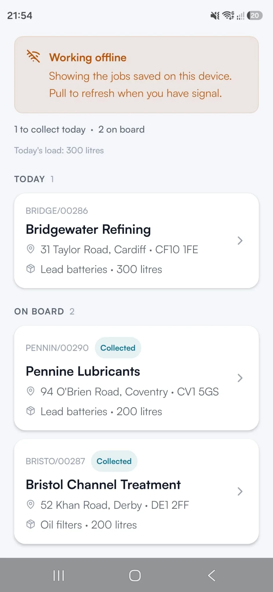 The Consigns driver app working offline, showing jobs saved on the device