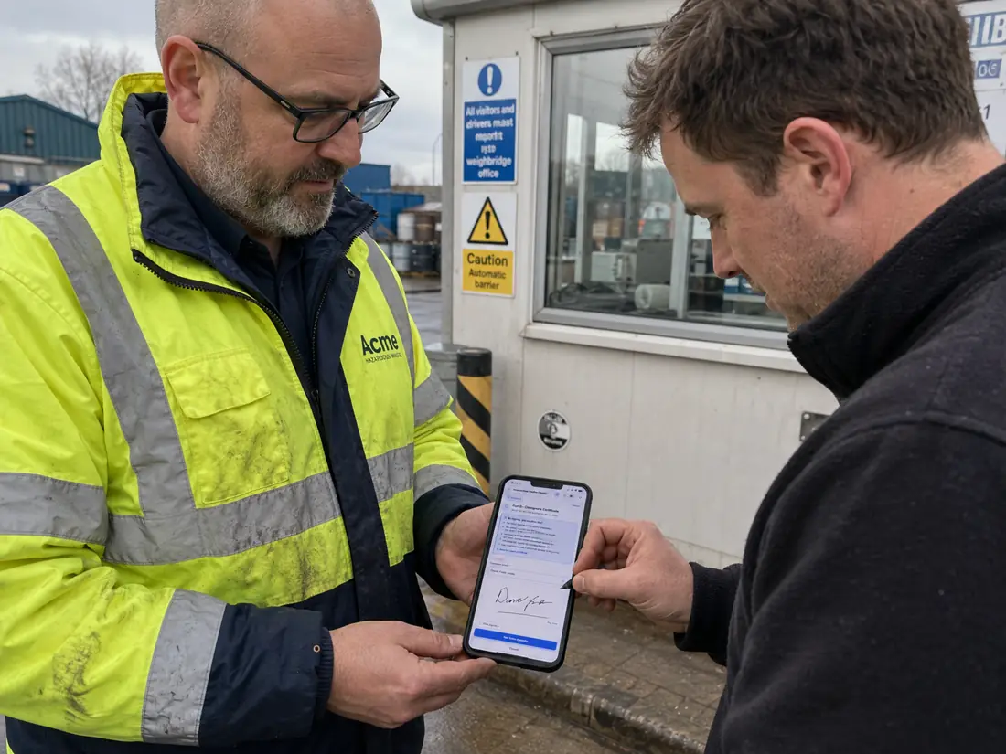 A customer signing a digital hazardous waste consignment note on a driver's phone on site