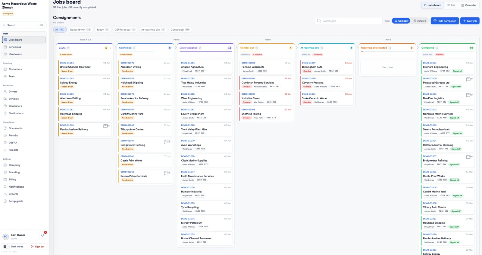 Consigns jobs board showing searchable waste jobs