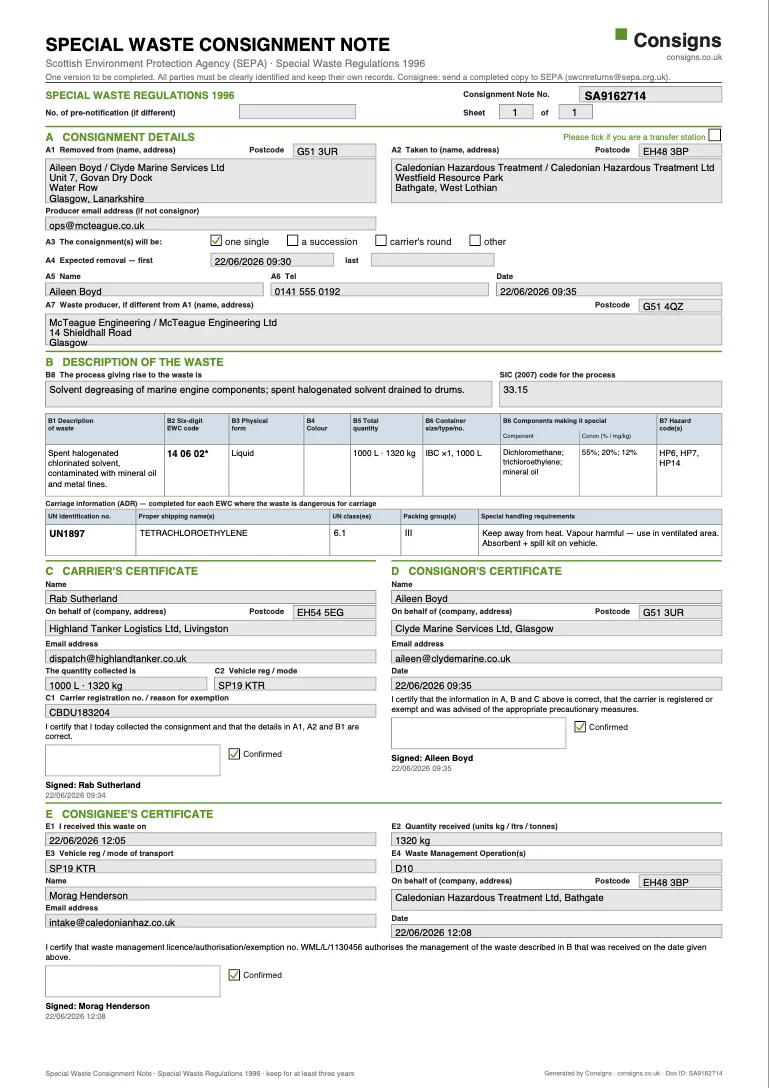 Scottish special waste consignment note for SEPA, generated by Consigns