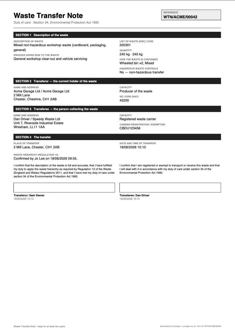 Digital waste transfer note generated by Consigns