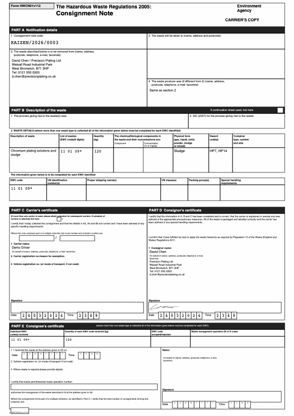 HWCN01 hazardous waste consignment note, generated by Consigns